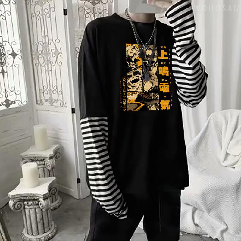 Maglietta a Strisce Moda Anime Giapponese My Hero Academia Top Uomo Donna Harajuku Manga Kaminari Denki Grafiche Maglia a Maniche Lunghe