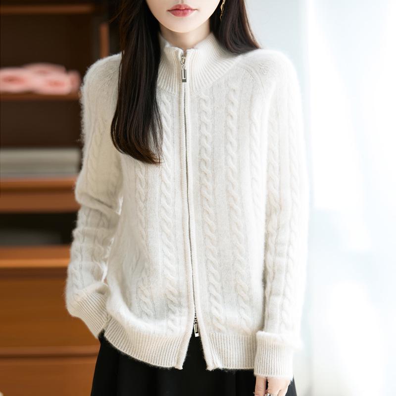 Women's Pure Wool Stand Collar Zipper Cardigan – Loose, Slimming, Skin-Friendly, Soft & Fluffy Knit Sweater for Autumn/Winter