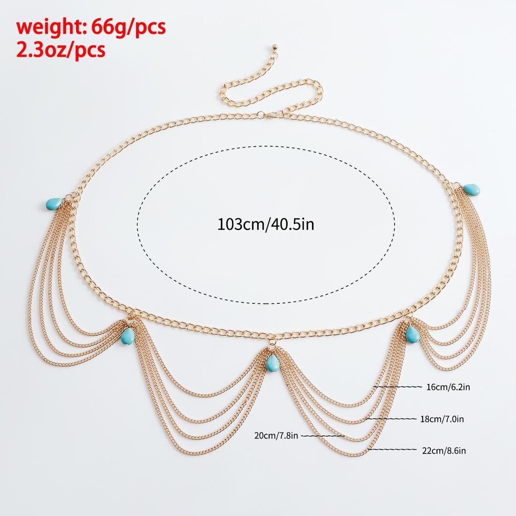 Bohemian Retro Turquoise Waist Chain for Women, Personalized Versatile Fringed Body Chain Accessories, European and American Jewelry