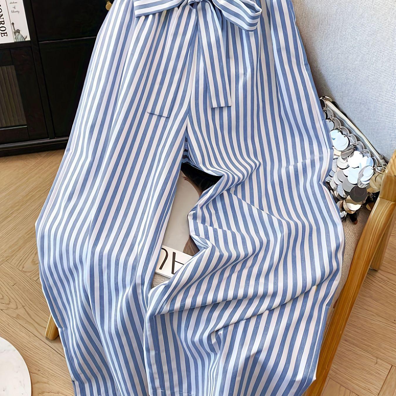 Plus Size Women s Striped Casual Trousers with Slimming Ruffled Waistband 5XL