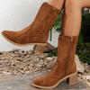 Fashion Retro Dark-Brown Embroidery Ankle Boots for Women Autumn Winter Zip High Heel Women's Boots Comfortable Suede Booties Woman