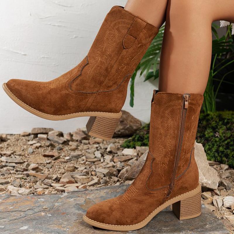 Fashion Retro Dark-Brown Embroidery Ankle Boots for Women Autumn Winter Zip High Heel Women's Boots Comfortable Suede Booties Woman