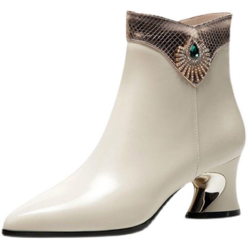 Real soft leather short boots women's 2025 autumn and winter new fashion medium heel thick heel pointed women's boots versatile high heel mother leat
