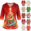 Women's Christmas Print V-Neck Uniform Top 3/4 Sleeve Shirt for Holiday