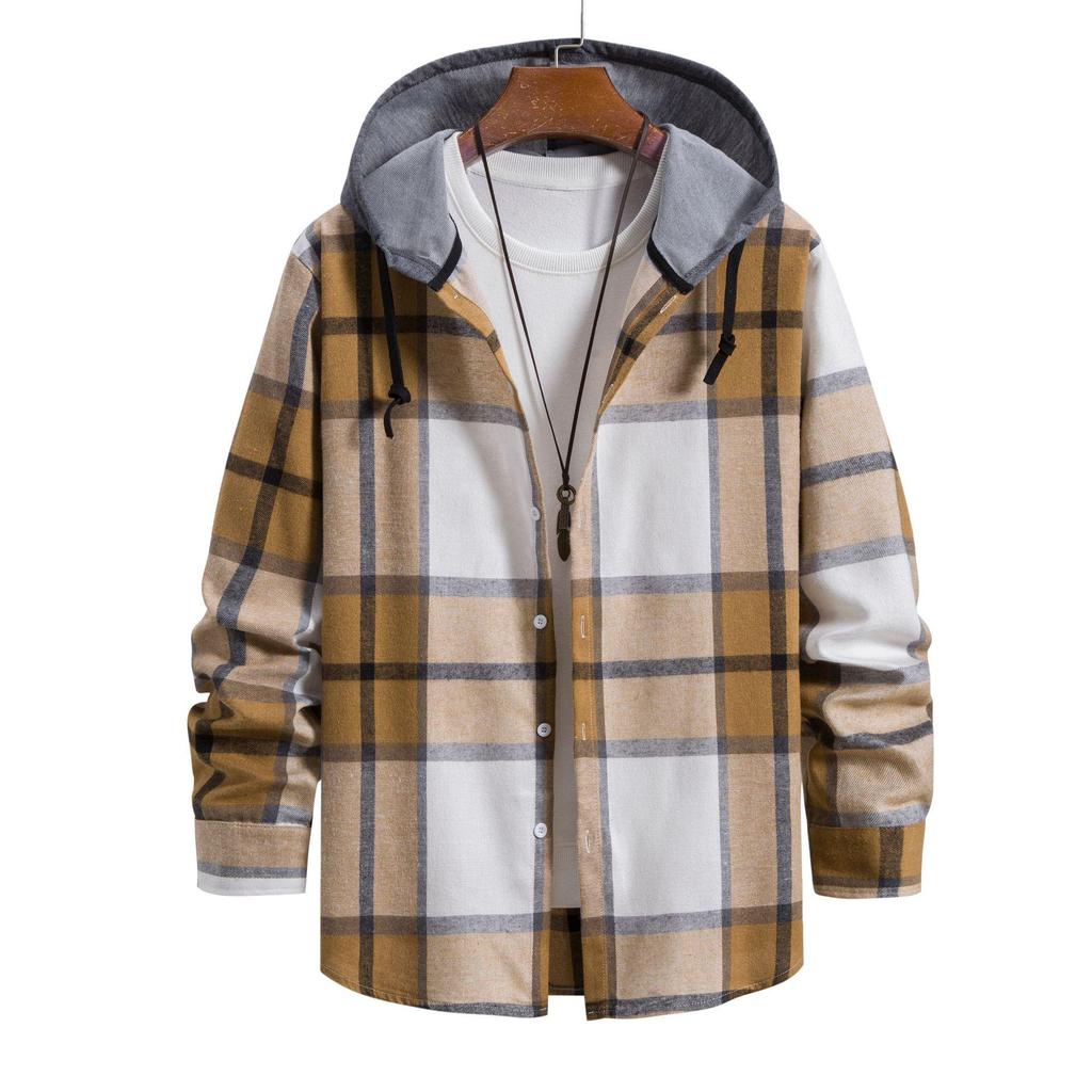 Korean Style Plaid Hooded Long Sleeve Men's Casual Shirt - 2024 Spring/Autumn Trend