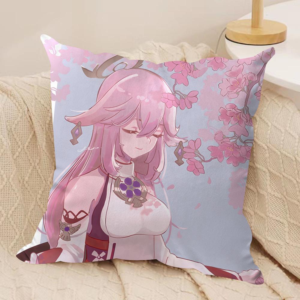 Yae Miko Genshin Impact Cushion Cover Silky Short Plush Invisible Zipper Dustproof Sofa Pillow Case For Home Decor