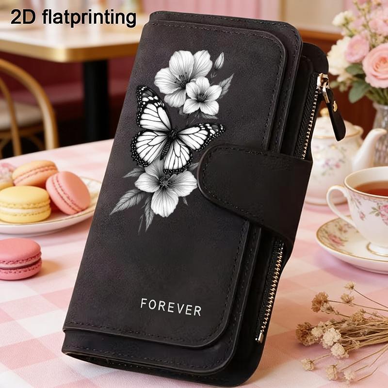 Butterfly Women's Long Wallet 3-Fold Card Holder Multi-Card Slots Printed Zipper Coin Purse Cash ID Credit Card Organizer Gift Wallet for Women Girls