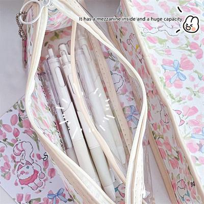 Cute Pink Tulip Kitten Cat Transparent Pencil Case Large Capacity Portable Girly Makeup Bags Student Stationery Pen Storage Bags