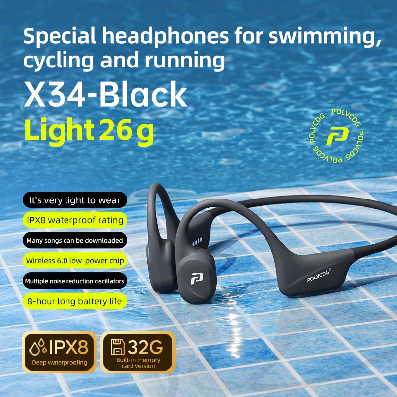 POLVCDG x34 Knochenschall-Schwimm-Kopfhörer Silikonkopf 32GB Speicher IPX8 Wasserdicht 26g Sport Kletter-Kopfhörer