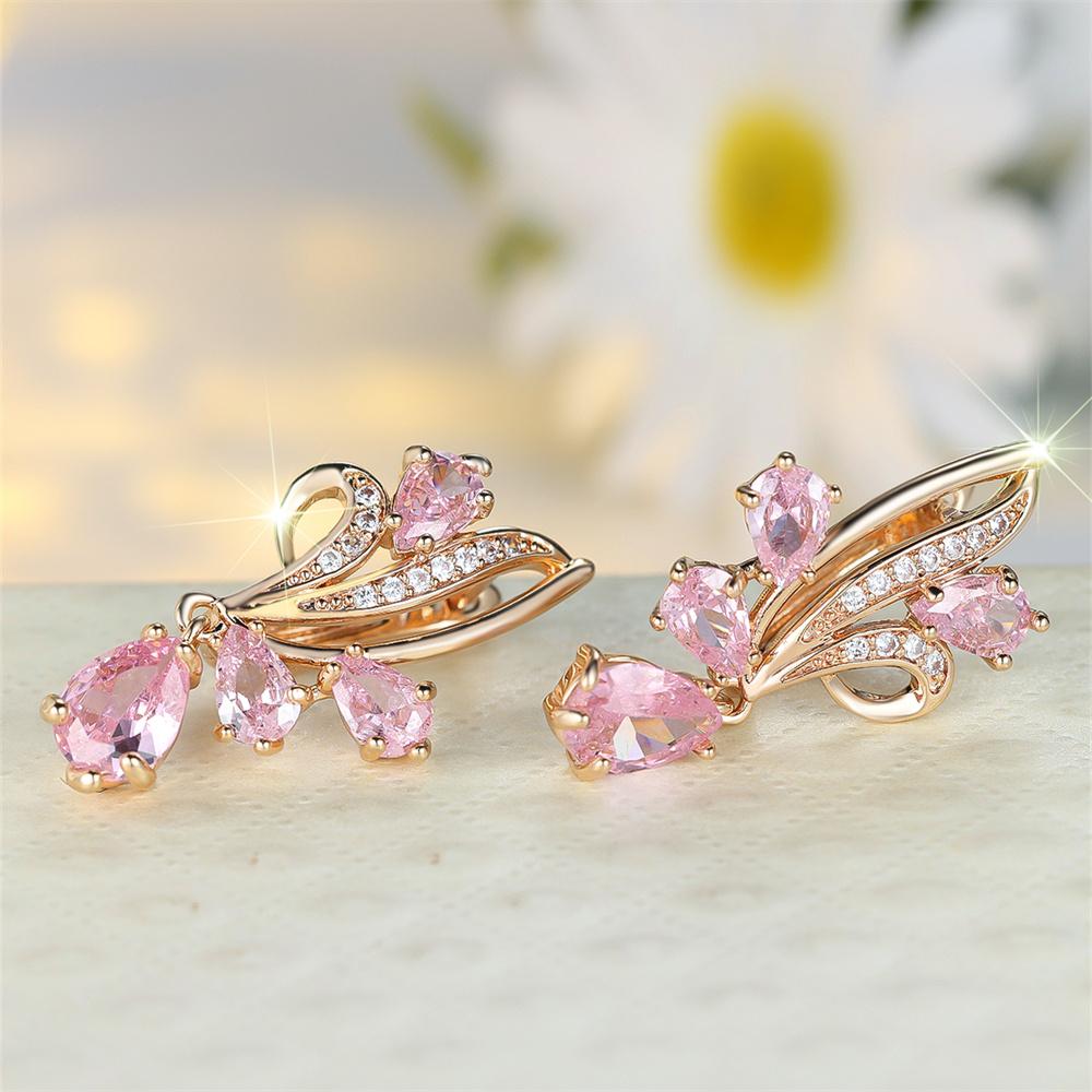 Orecchini a cerchio con fiore di cristallo rosa a forma di goccia d'acqua per donna, fibbia per orecchio color oro vintage, gioielli da sposa, regalo per festa di fidanzamento