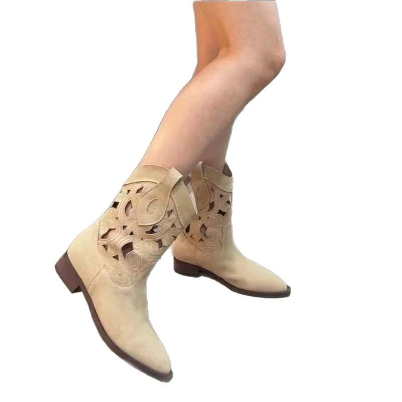 The other side is full of flowers, new western cowboy boots, embroidered hollow women's thick heel mouth, knight boots women's retro short