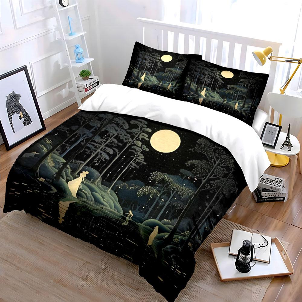 "Moonlit Forest Night Decor" Bedding Set with 1 Duvet Cover 2 Pillowcases Single Double King Queen, Gift