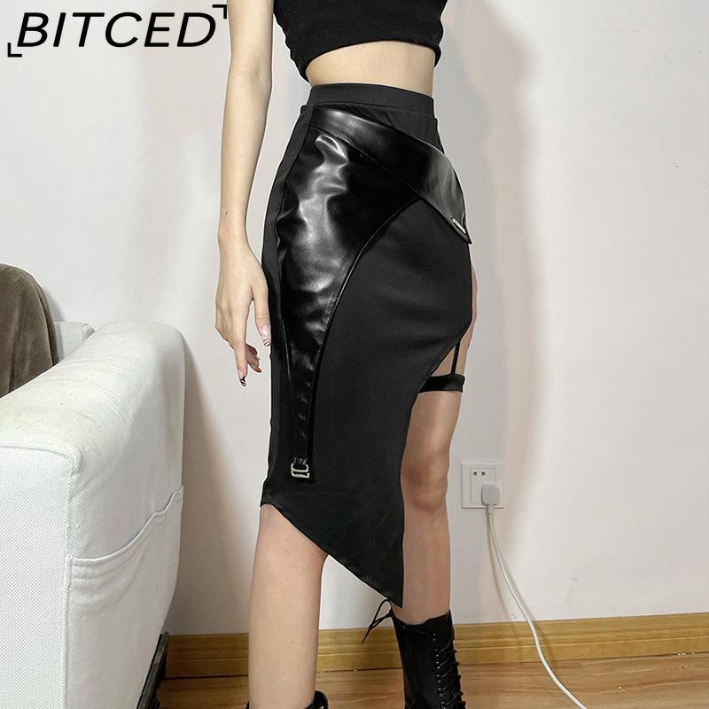 BITCED Spring Women's Solid-Color Slim-Fit High-Waisted Fashion Asymmetric Split Skirt