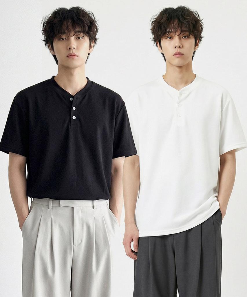 UMM Henley Neck Button Basic Short Sleeve T-Shirt 3 Colors