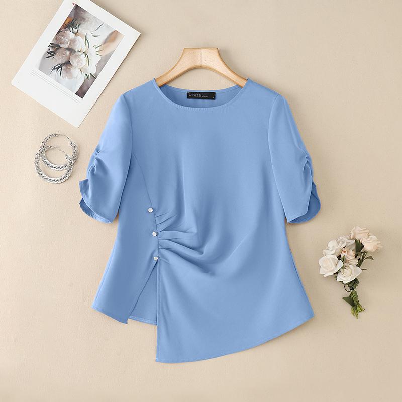 

ZANZEA Women Casual Round Neck Short Sleeve Summer Irregular Blouse 5XL синій