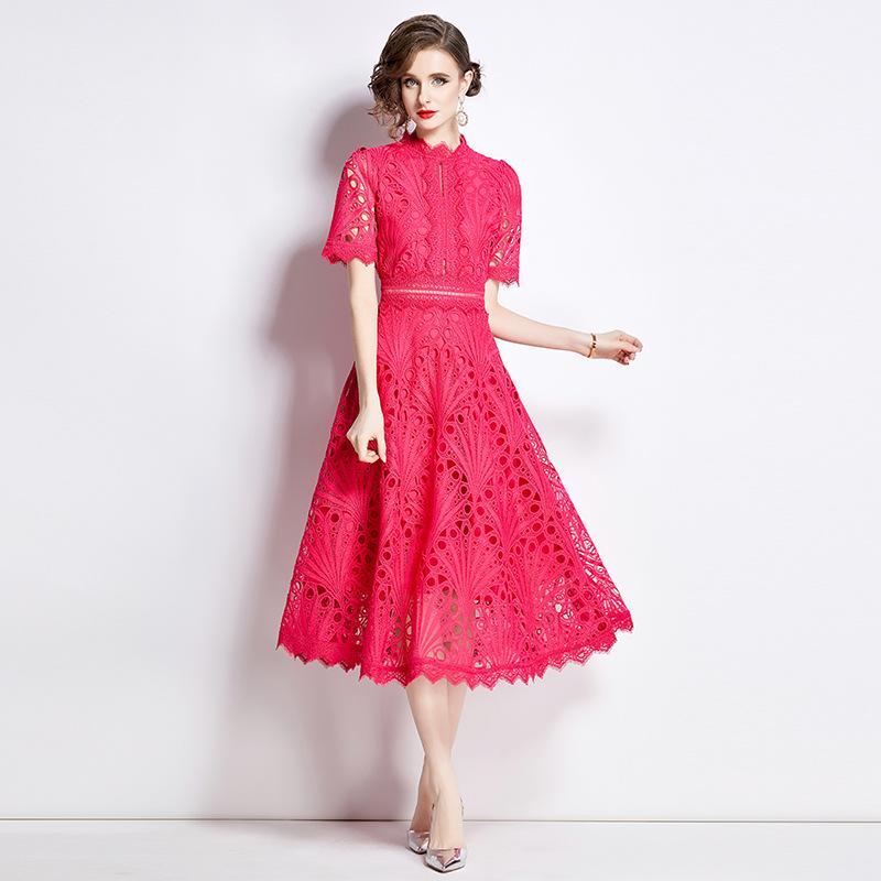 Abito estivo in pizzo traforato da donna, design ricamato da passerella, elegante vintage, manica corta