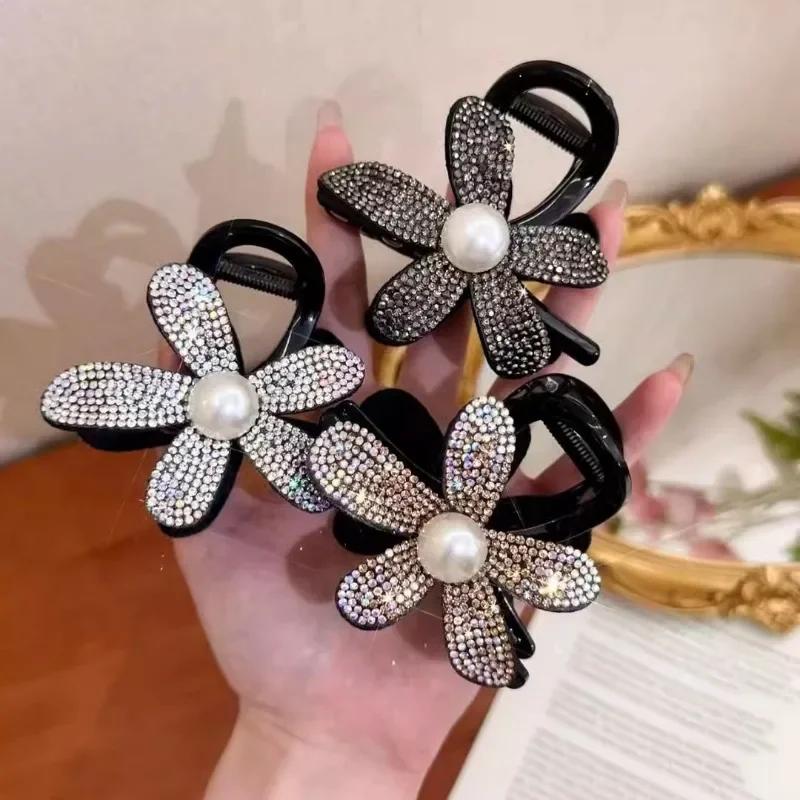 Eleganti Fermagli per Capelli a Fiore con Perle Grandi per Donne Coreani Brillanti Cristallo Nero Artigli di Squalo Fermaglio per Capelli Accessori per Capelli per Ragazze