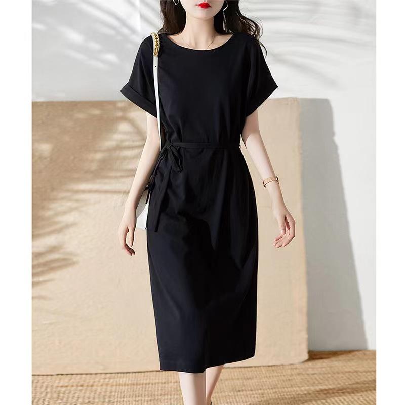 

Женское платье с поясом, летнее свободное платье большого размера, облегающее живот выше колена, темпераментное длинное платье с заниженными плечами и рукавами, круглая шея, прямая юбка S чёрный
