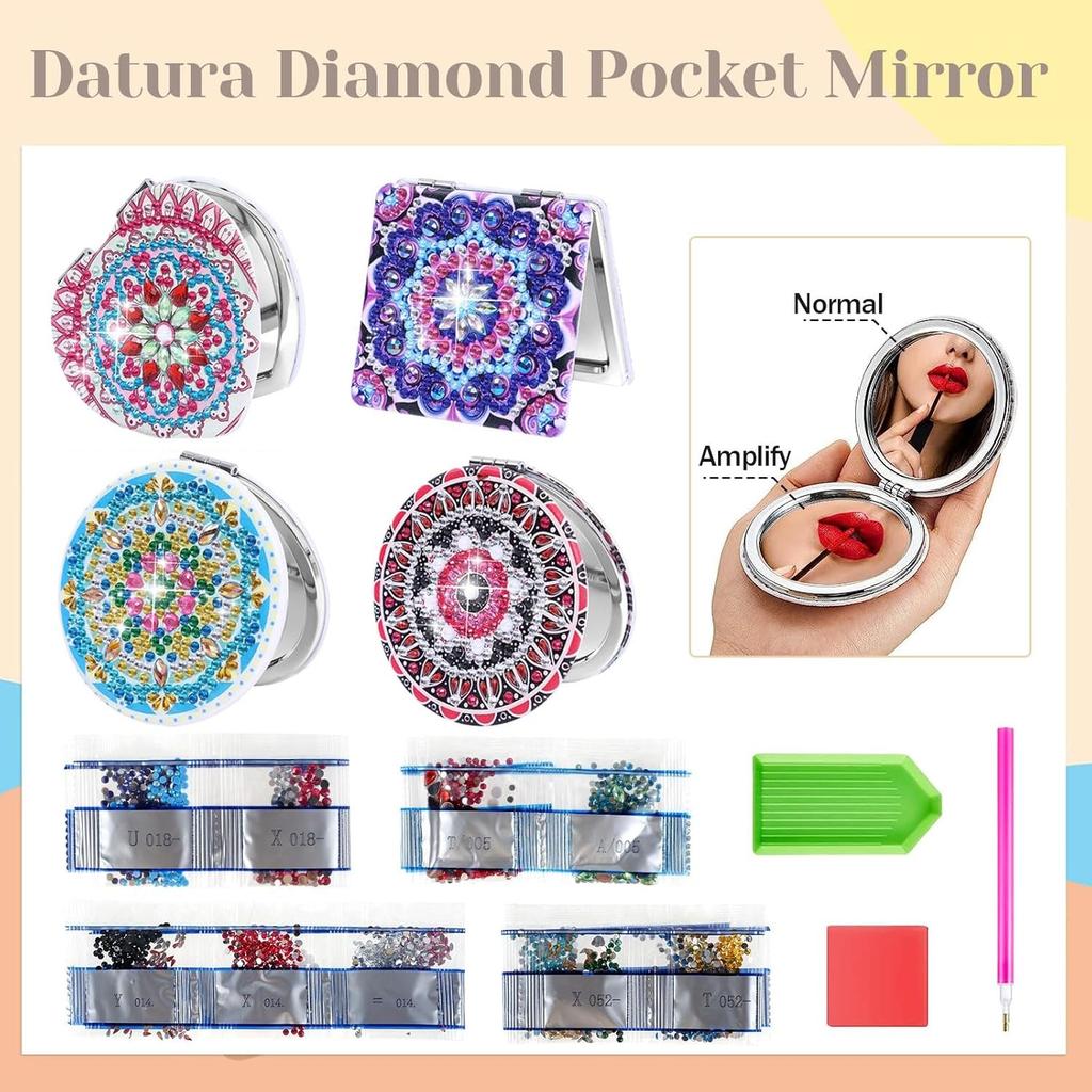 4PCS Diamond Painting Compact Mirror Women Girls, DIY Mandala Diamond Art Folding Travel Makeup Mirrors, Double-Sided Magnifying Cosmetic Mirror
