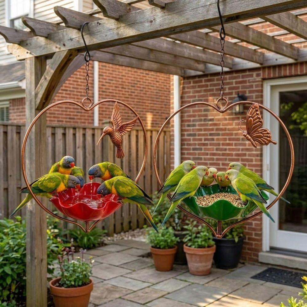 Wide-Mouth Heart Shape Bird Feeder Iron Art Retro Bird Bath Flower Bird Water Feeder Courtyard