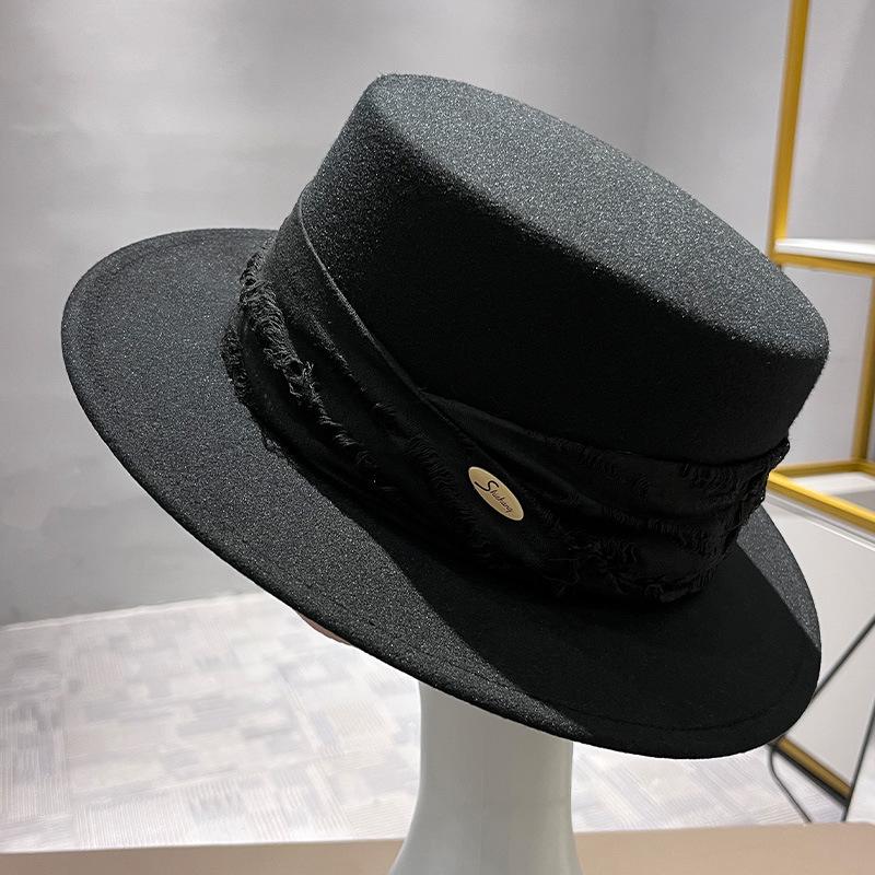 Spring and Autumn Versatile Women's Retro Wool Flat Top Hat British Style Literary French Elegant Temperament Top Hat
