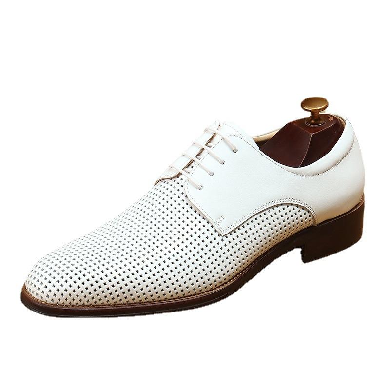 Scarpe da uomo in pelle bianche, traspiranti, casual, estive, con superficie morbida e cava in pelle