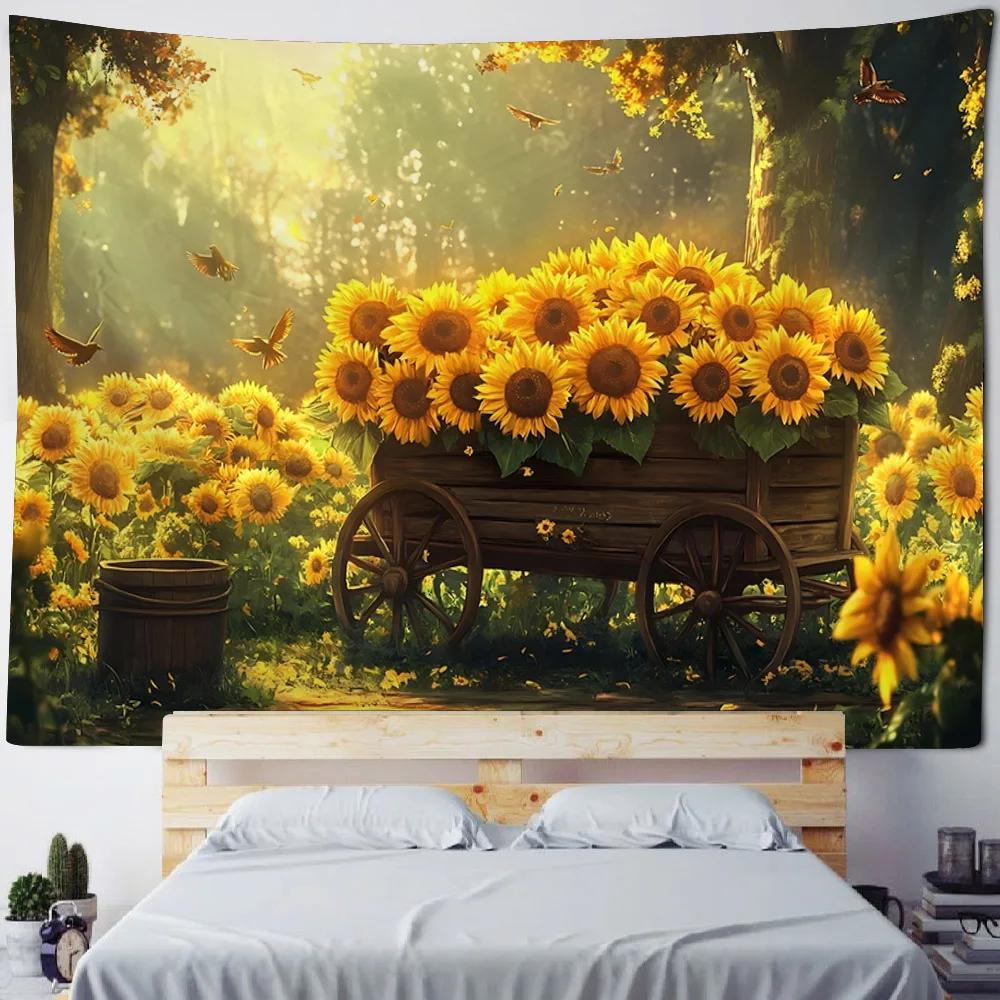Sunflower Oil Painting Tapestry - Living Room Wall Hanging Art Music Party Background Aesthetic Home Decor