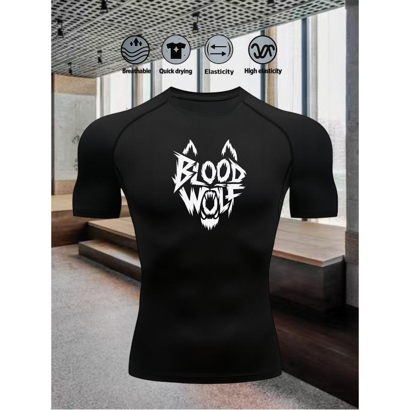 Men's Chest Blood Wolf Shaped Logo Print Compression Shirt High Elasticity Moisture Wicking Sportswear