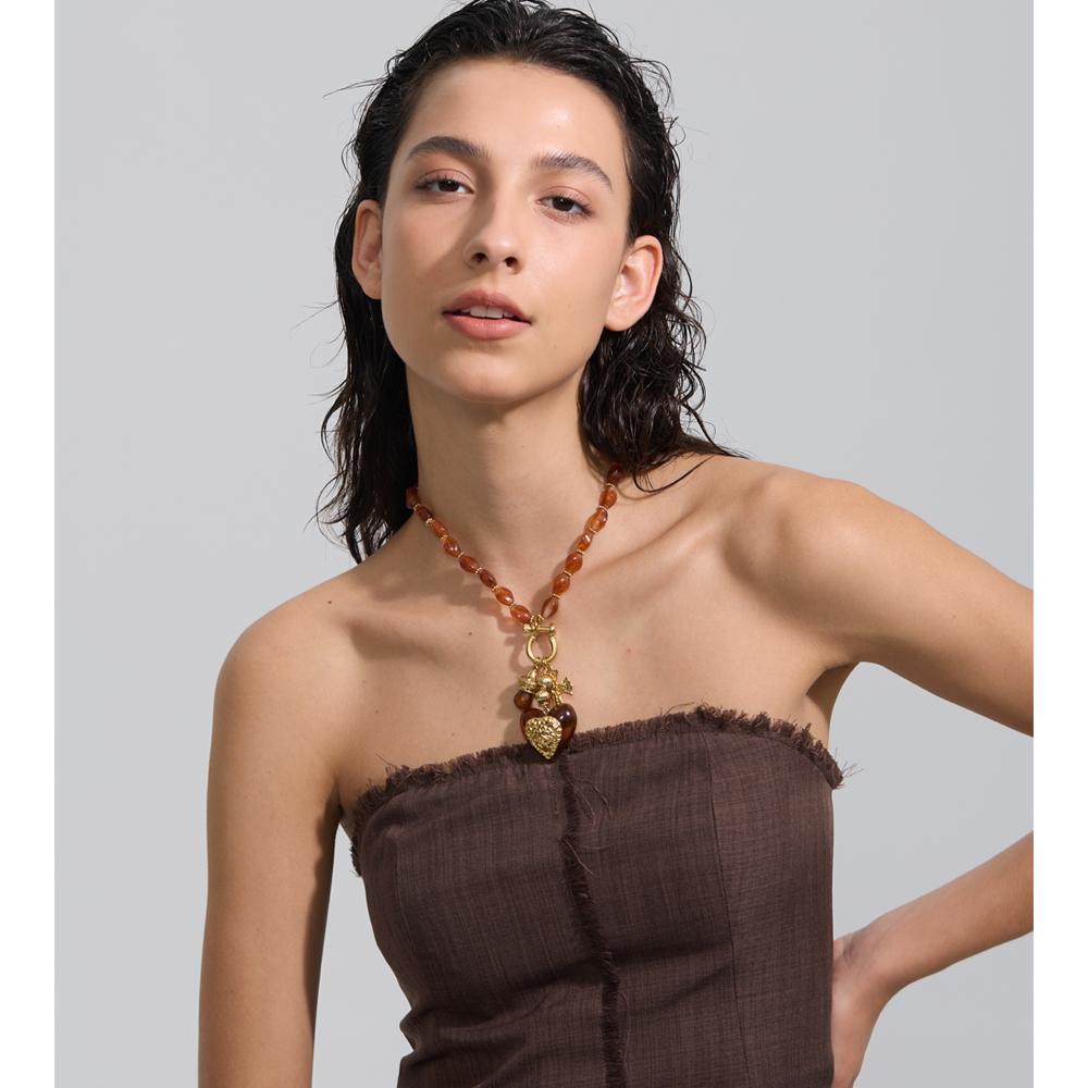 Yhpup Amber Acrylic Resin Beads Cross Heart Pendant Drop Handmade Necklace New Arrivals Stainless Steel Statement Collar Jewelry