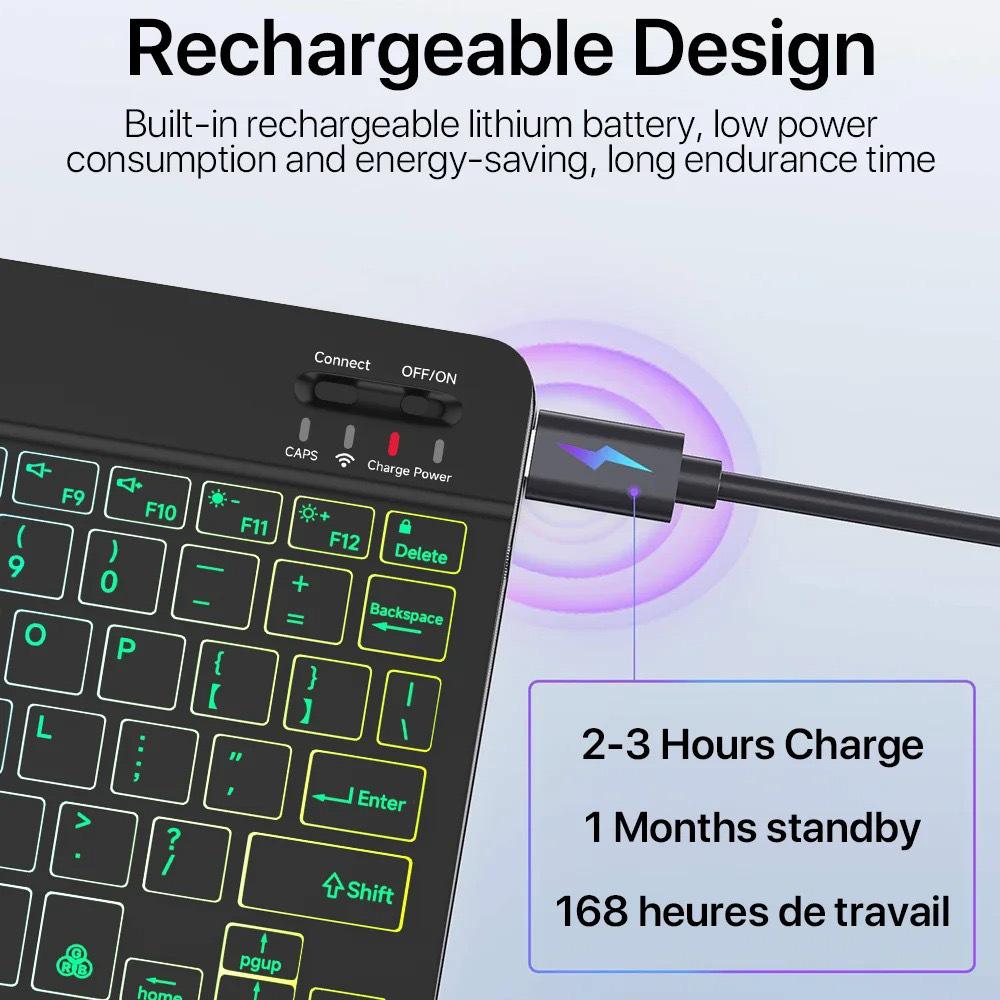 Russian Backlit Bluetooth Keyboard and Mouse, Compatible with iPad, Phones, Tablets, featuring Spanish and Arabic Layout with Seven-Color Lighting.