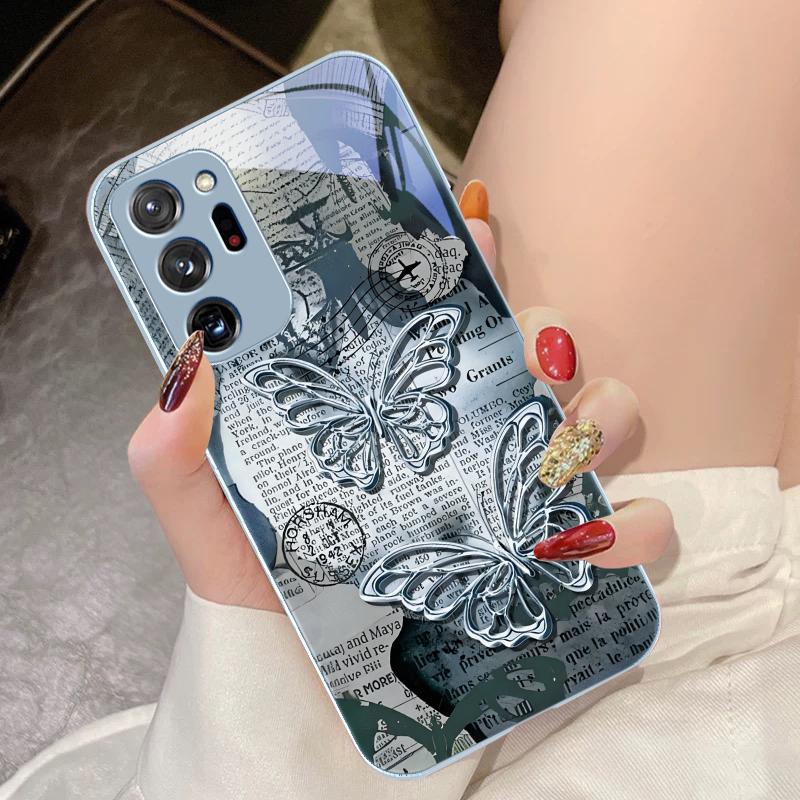 Vintage Schmetterling für Samsung Galaxy Note 8 9 10 PRO 20 Ultra A01 02 03 Core 04E 4G 12 13 5G Gehärtetes Glas Handyhülle