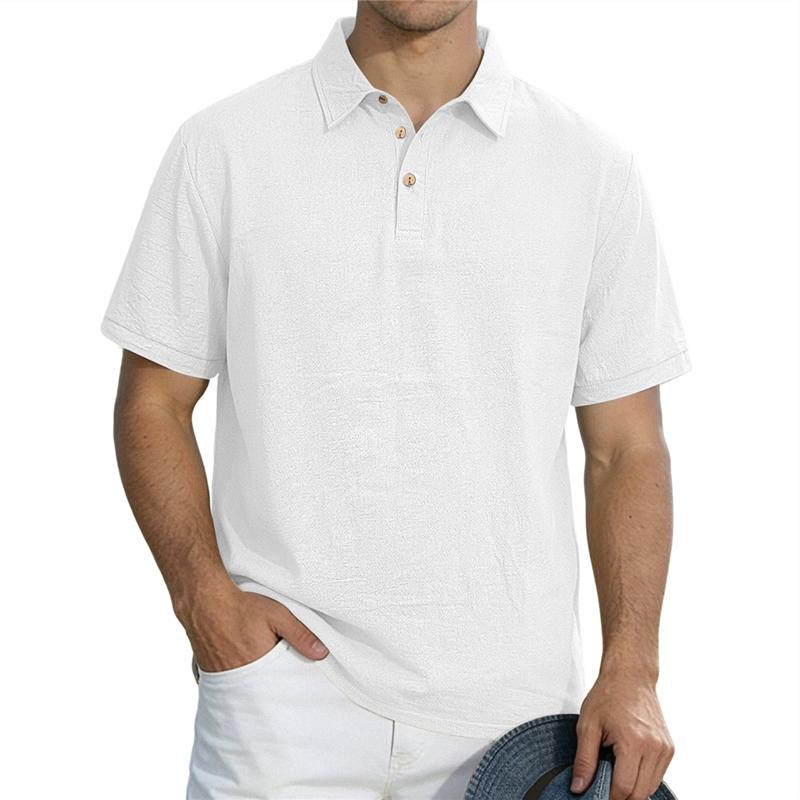 Men's Casual Linen Blend Polo Shirt Short Sleeve Turn Down Collar Button Up Summer Tops