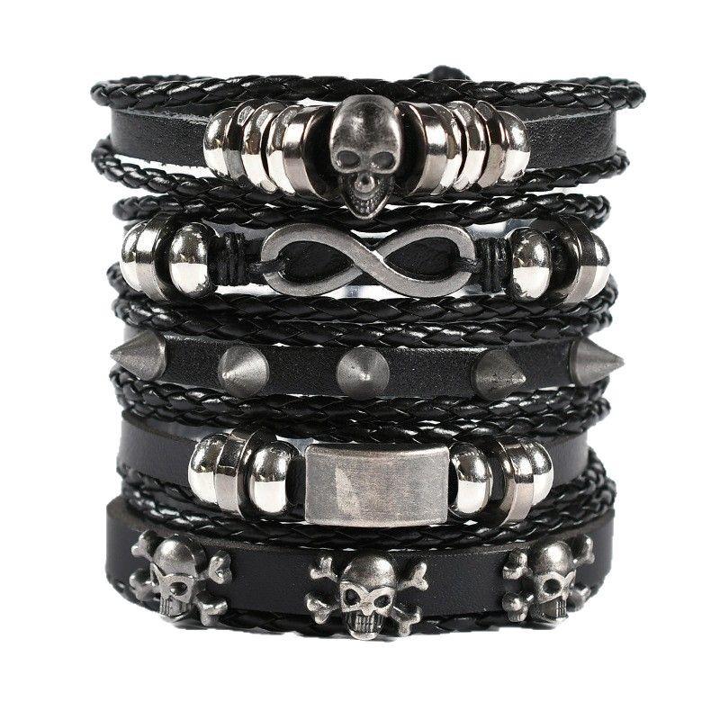 Men's Retro Skull Leather Bracelet Set: Handwoven Multi-Layer Rope with Figure 8 Design, 5 Pieces.