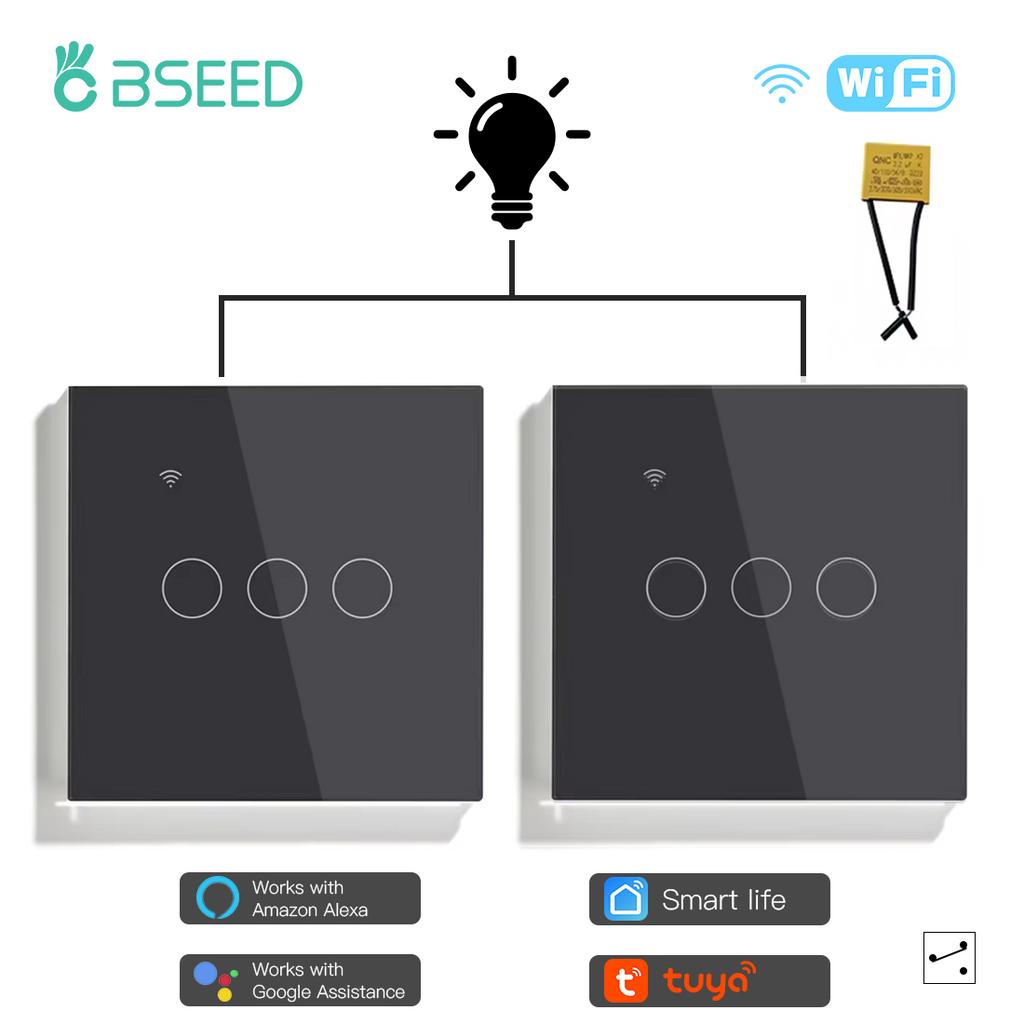 BSEED Interruptores Touch Wifi 1/2/3 Teclas Com Capacitor 2 Vias Para Escadas Corredores Lâmpadas Controle App Tuya Smart Life Alexa Pacote com 2