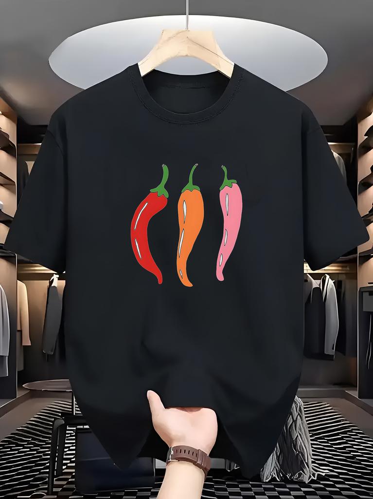 Men Navy Blue Crew Neck Tee Three Colorful Red Orange Pink Chili Pepper Simple Cartoon Vegetable Minimal Casual Tops