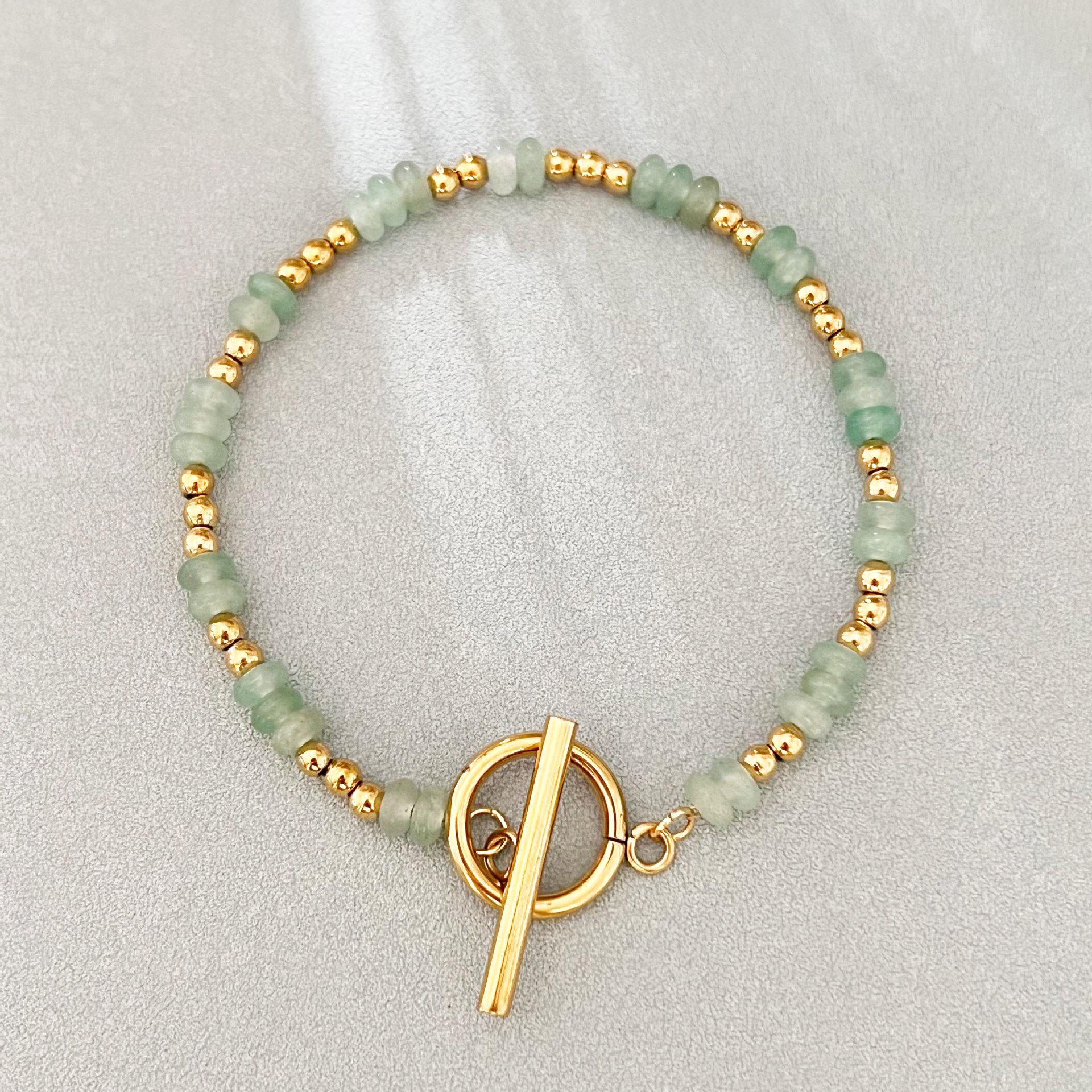 

Bohemian Style Natural Stone Flat Bead Stainless Steel Chain Bracelet Fashionable Handmade Stone Bead Bracelet for Women