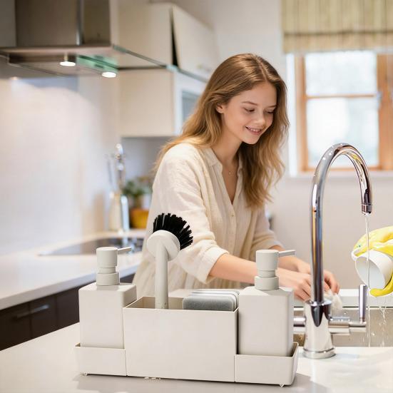 Multifunktionales Badezimmer-Organizer-Tablett mit 2 Seifenspendern, Reinigungsbürste, Küchenarbeitsplatte, Spülmittelflaschen-Schwammhalter-Ständer