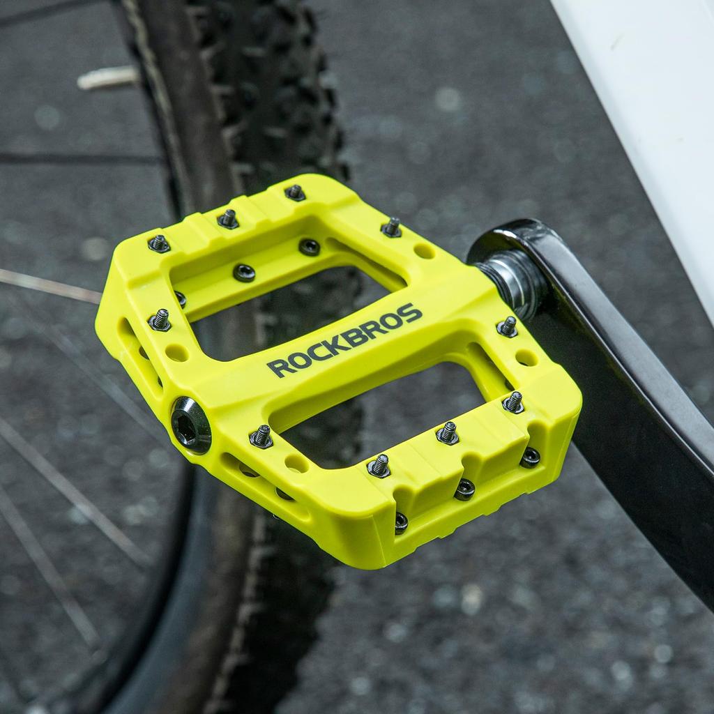 ROCKBROS Bisiklet Pedalları, MTB, Yol Bisikletleri ve BMX için Hafif Düz Pedallar, Naylon Fiber, Geniş Yüzey Alanı, Kaymaz, 9/16" (Çift) (Yeşil)