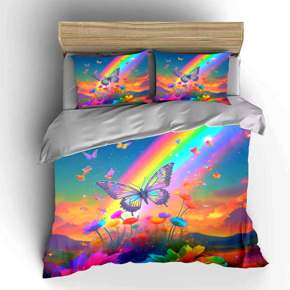Rainbow Butterfly Nature-Inspired Gift Set Exquisite Three-Piece Bedding Set Gift For Kids And Adults EU Twin 135X200cm&set