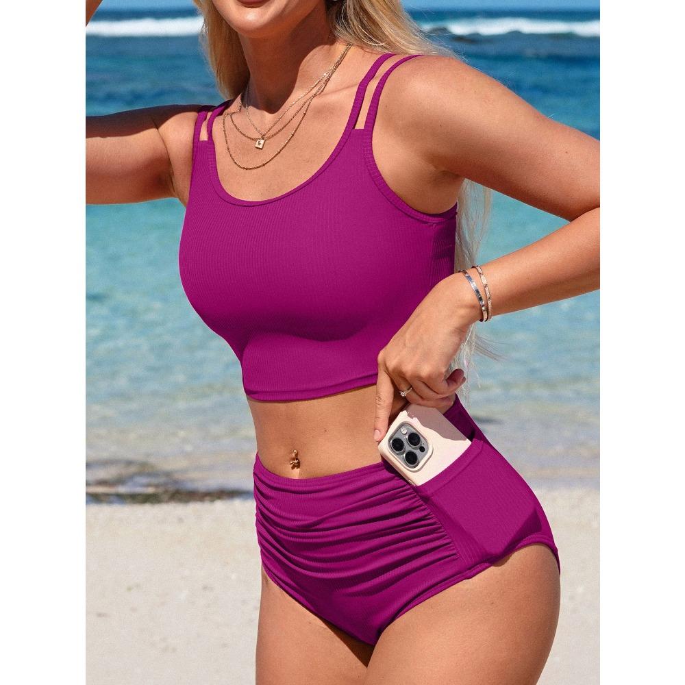 CHARMLEAKS Damesett med høy midje bikini Sporty todelt badedrakt med lommer