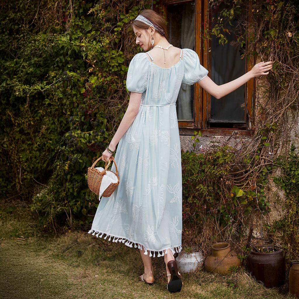 Fragrant Shadow Art Style Blue Embroidered Dress for Women, 2026 Summer New Style Bubble Sleeve Waist Skirt, Mid Length Fairy Women's Skirt