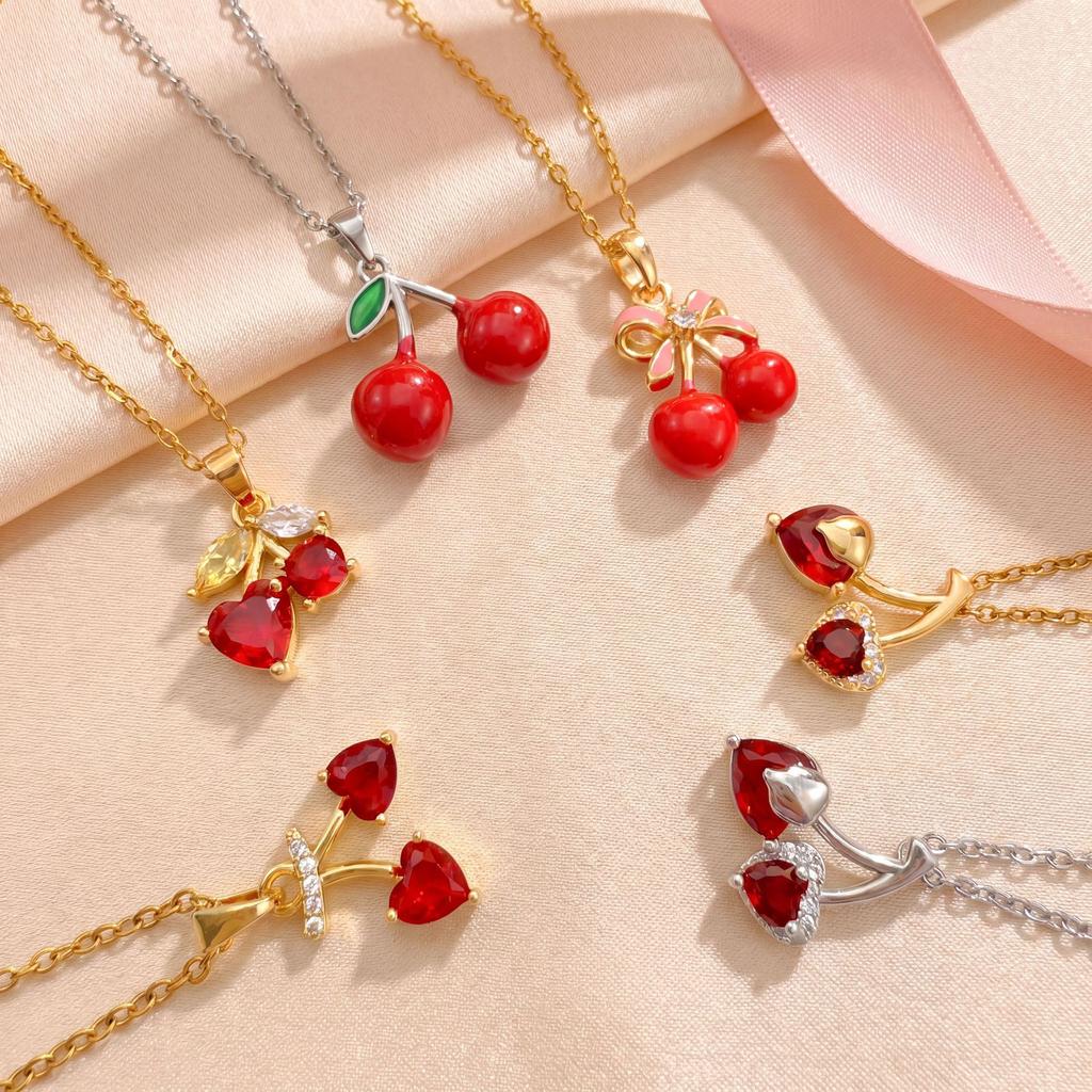 Cherry Fruit Necklace - A Simple and Versatile Summer Accessory for Women, Featuring A Lockbone Chain with A Charming Cherry Fruit Design.