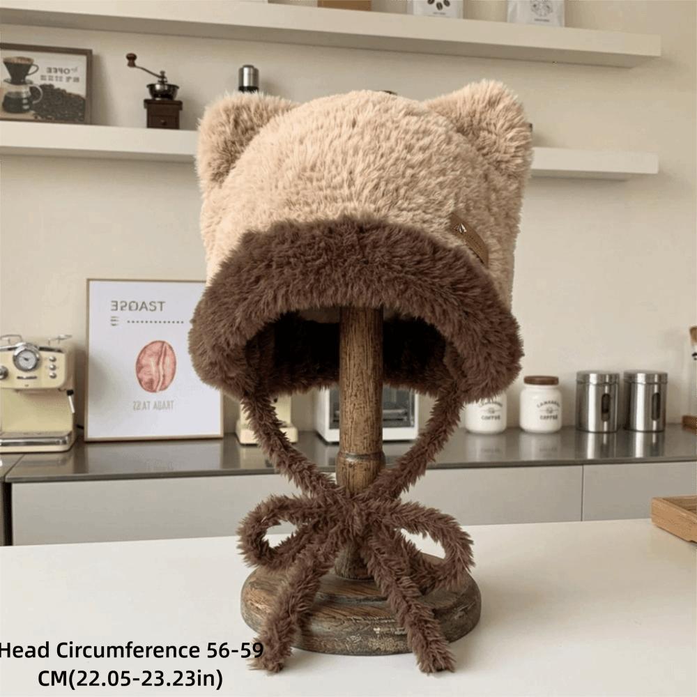 Bear Ear Fuzzy Ear Flap Hat 56-59CM Winter Thermal Hat Cute Plush Trapper Hat Outdoor Use