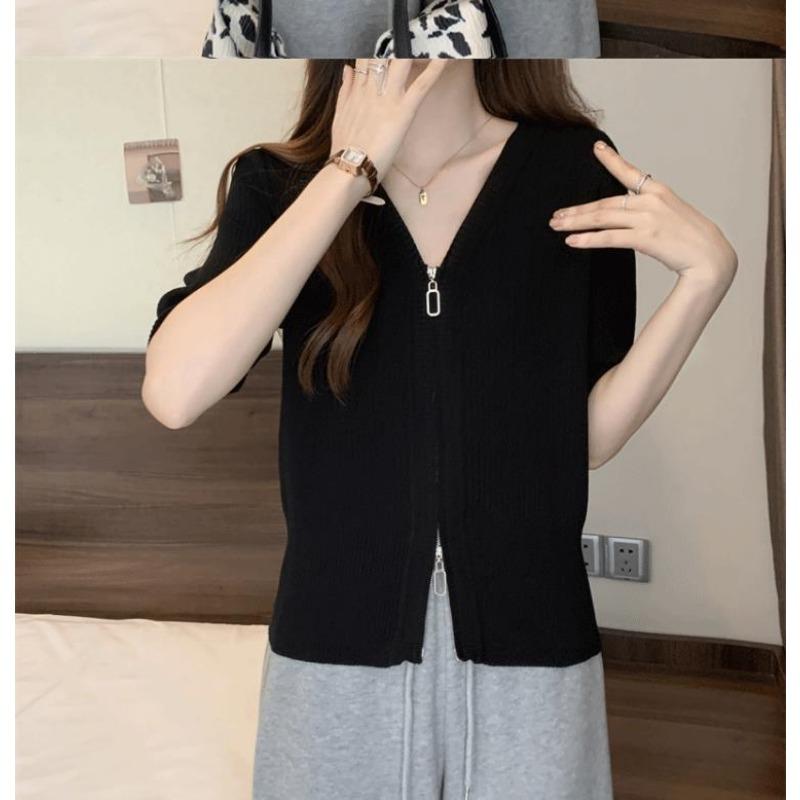 Fashionable Women's Korean Style Ice Silk Short-sleeved Cardigan Solid Color Zipper Splicing Casual Loose and Versatile Top