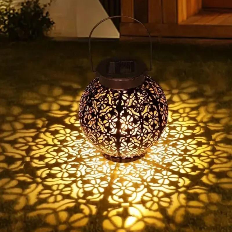 Projection Light New Solar Wrought Iron Lantern Hollow Outdoor Courtyard Landscape Garden Hanging Light Decorative Pendant