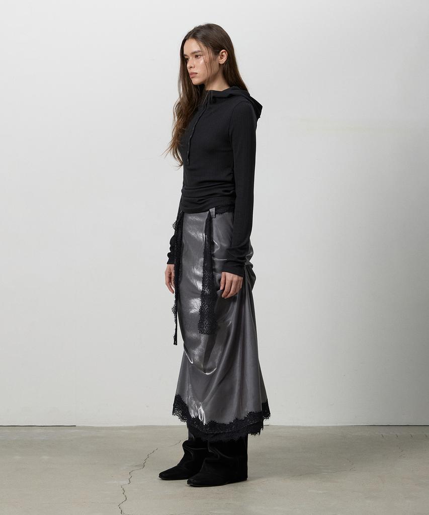 Three To Eighty Lace Shirring Long Skirt Charcoal