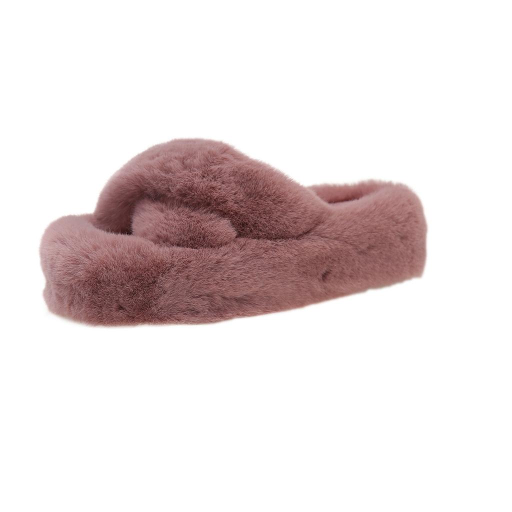 Foreign trade large size 2025 autumn and winter new flat-bottomed fluffy slippers women's cross household thick-soled outer wear one-word cotton sl