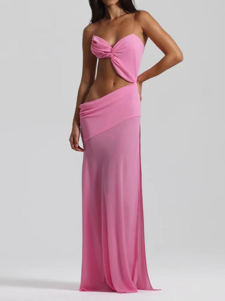 Spaghetti Strap Hollow-out Slit Dress, European and American Women's Solid-color, Sexy Fitted Strapless High-waisted Long Dress