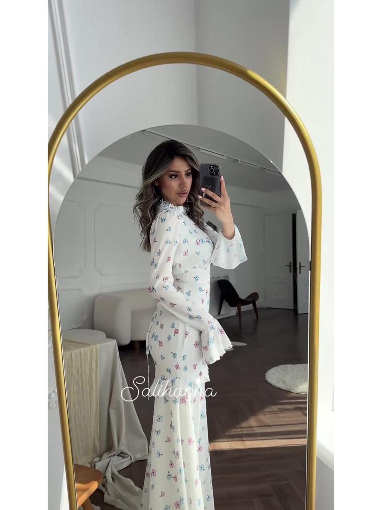 European & American Floral Ruffle Long Dress - Gentle Style, Fresh Spring White, 2024 Collection