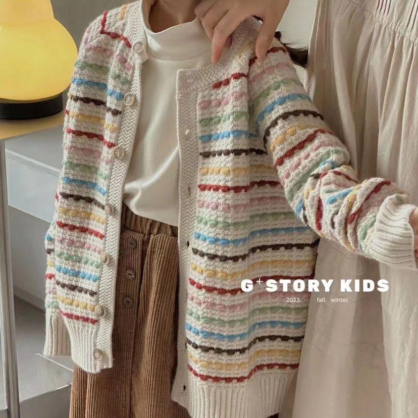 

Детский яркий полосатый вязаный свитер для девочек - модный топ 2025 для весны, осени и зимы 90